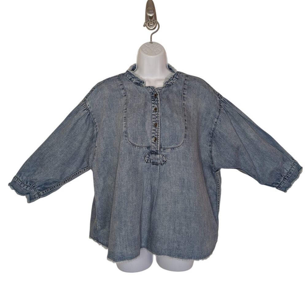 Holding Horses Women Tops, Anthropologie Chambray Frayed Pullover Tunic, Sz S